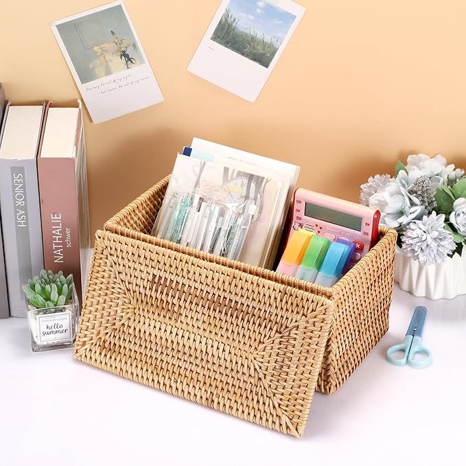 Hipiwe Rattan Basket Box with Lid Toilet Roll Storage Baskets Bin Handwoven Wicker Basket Box Bathroom Toilet Paper Holder Rectangular Baskets Bin for Shelf Home Decor, 11.8"Lx6.2"Wx6.1"H