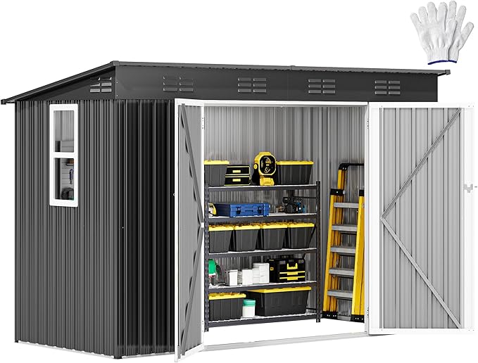 DWVO 9x4ft Metal Outdoor Storage Shed with Window, Lockable Tool Storage Sheds, Oversized Steel Garden Sheds with Sloped Roof for Backyard, Patio, Garage, Lawn, Dark Gray