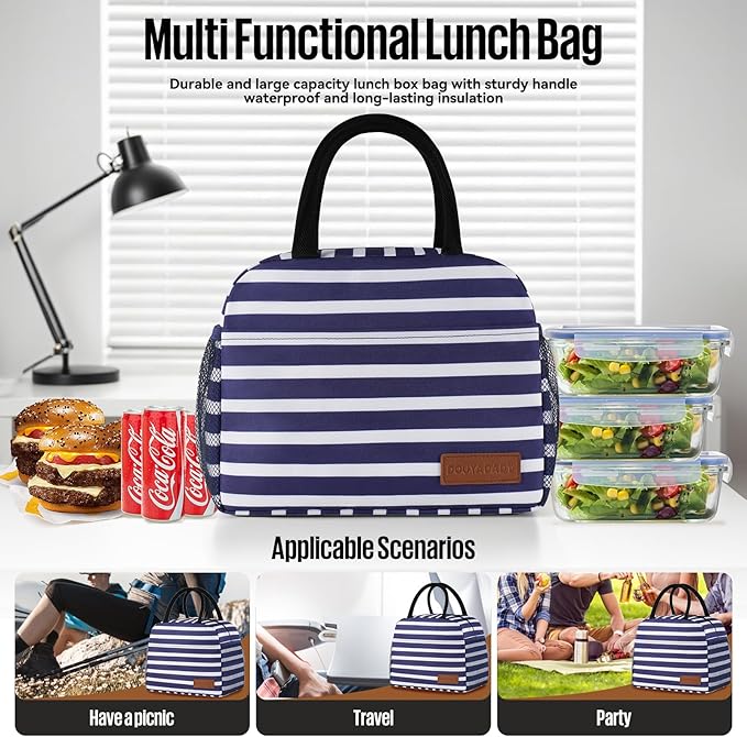 Lunch Bag Women/Men Lunch Box Women/Men (Dark blue+White Stripes)