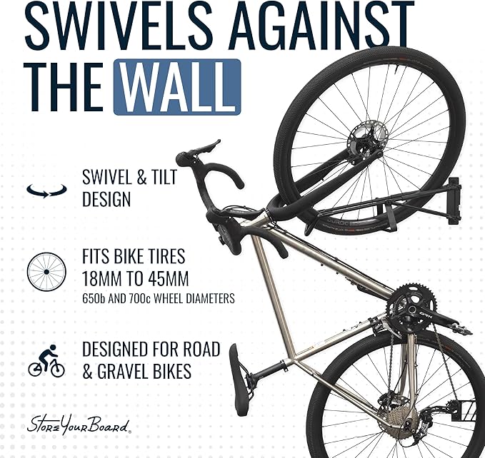 StoreYourBoard SwivelStow Bike Rack Garage Storage Rack 2 Pack - 2 Road & Gravel Bike Wall Mounts - Heavy Duty Bike Hanger - No-Lift Bike Rack Garage Storage Rack - Holds 70 lb Capacity