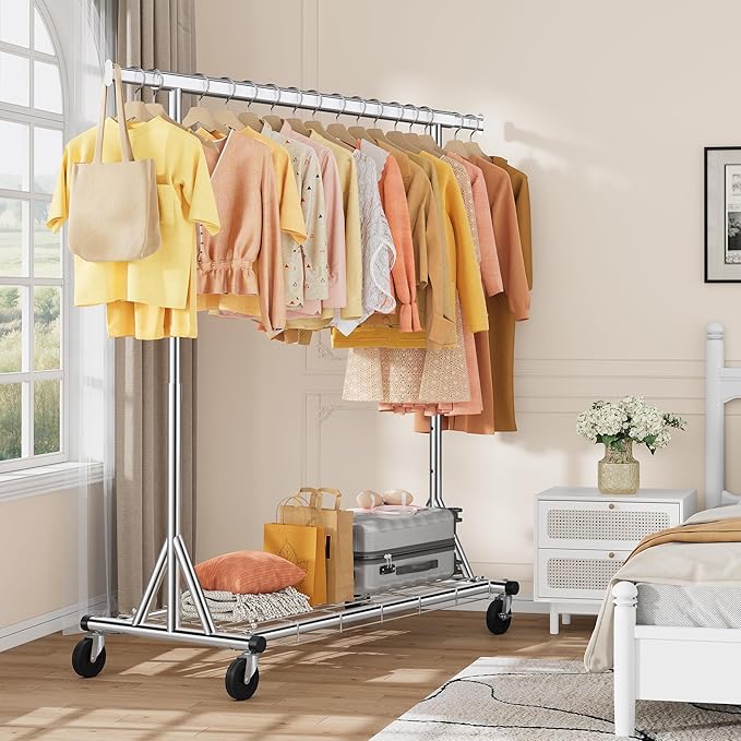 Heavy Duty Clothes Rack Load 630 lbs, Metal Rolling Clothing Rack With Sturdy Wheel And Shelves, Adjustable Portable Hanging Garment Rack For Clothes,Chrome Stainless Steel