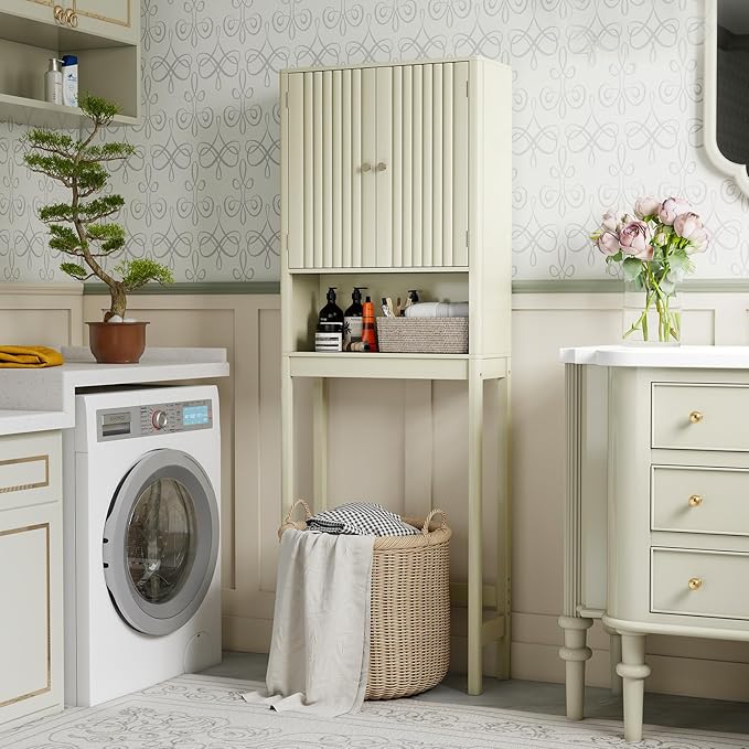 Giantex Over The Toilet Storage Cabinet, Bathroom Organizer w/Fluted Doors, Adjustable Shelf&Bottom Bar, Open Storage Cube, Space-Saving Above Toilet Storage Cabinet for Laundry (Cream White)