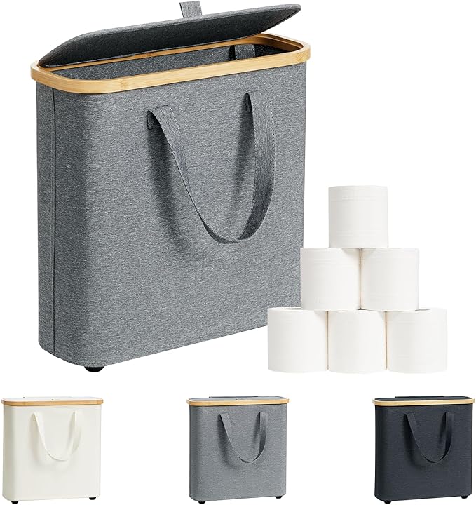 30L Toilet Paper Storage Basket with Lid & Handle, Bamboo Toilet Paper Organizer for Bathroom, Free Standing Toilet Paper Holder Stand for 12-16 Rolls, Bathroom Tissue Storage Bin
