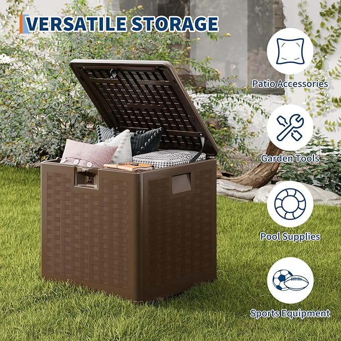 Garvee 28 gal Outdoor Storage Box with Lid, Weather-Resistant Plastic Deck Box, Lockable Outdoor Storage Bin for Patio Furniture, Gardening Tools and Accessories, Brown