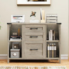 3 Drawer File Cabinet, Farmhouse Lateral Filing Cabinet Fits File Letter or A4 Size, Wooden Printer Stand with Open Storage Adjustable Shelf for Home Office, Grey
