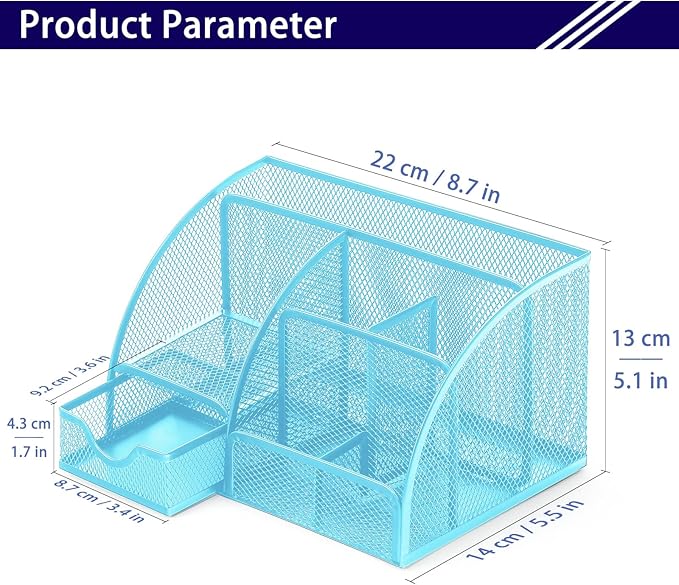 Boutilon Mesh Desk Organizer Desktop Office Supplies Stationary Organizer with 6 Compartments and 1 Drawer Multi-Functional Caddy Pen Holder for Home Office School Desk Decor(Light Blue)