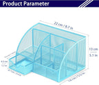 Boutilon Mesh Desk Organizer Desktop Office Supplies Stationary Organizer with 6 Compartments and 1 Drawer Multi-Functional Caddy Pen Holder for Home Office School Desk Decor(Light Blue)