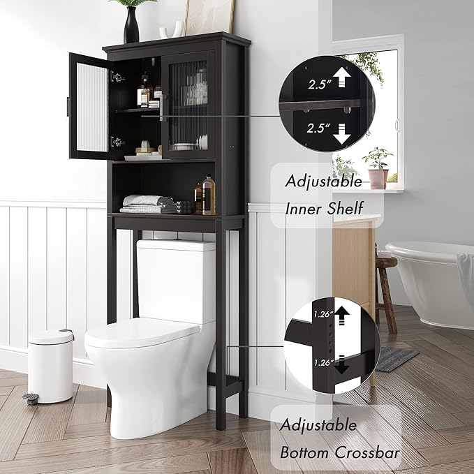 Spirich Over The Toilet Storage Cabinet with Moru Tempered Glass Doors, Bathroom Organizer Above Toilet Storage Cabinet, Espresso