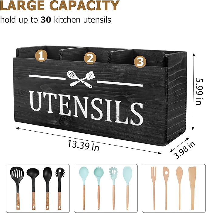 RedCall Wooden Kitchen Utensil Holder for Counter-top,Large Utensil Organizer for Storage Cooking Tool and Silverware,Extra Large Rustic Wood Container (Black)