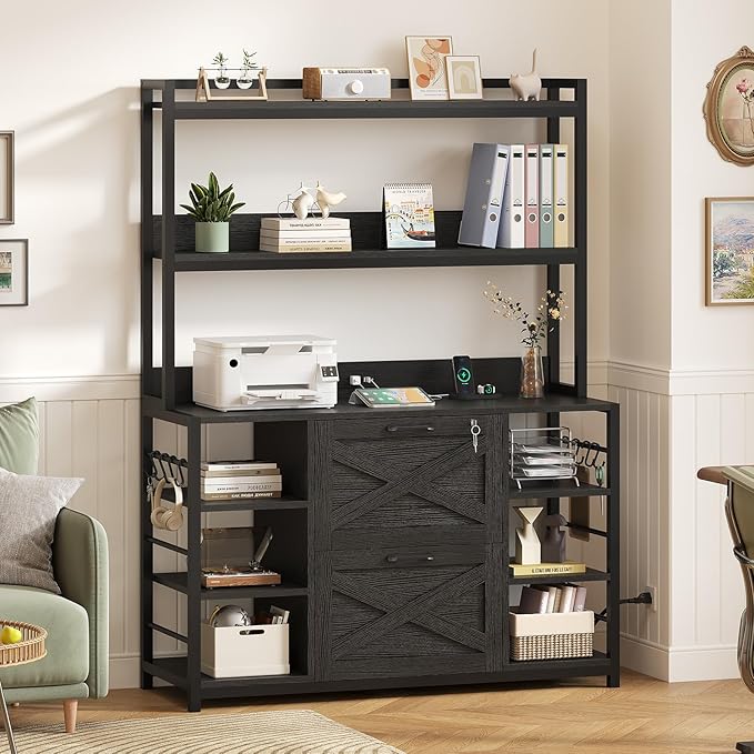 SEDETA File Cabinet with Charging Station, Vertical Filing Cabinet with Lock for Home Office, Printer Stand with Open Storage Shelf, Fits Legal/Letter/A4 Size, Black