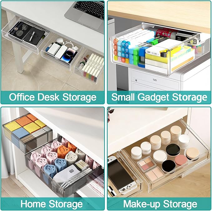 Under Desk Table Drawer Storage Organizer,3 Pack Small & Medium & Large Slide Out Desk Drawers - Hidden Desktop Organizer,Adhesive Storage Pencil Tray Under Table(Clear/LMS)