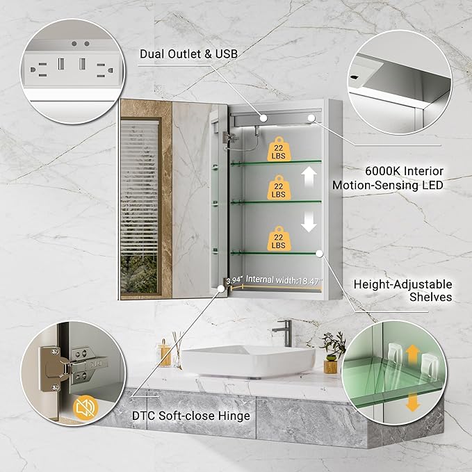 20x32 Lighted Medicine Cabinet, Beveled Brushed Nickel Framed Surface or Recessed Fogless Dimmable LED Medicine Cabinet with Mirror, Outlet, Time Display and Sensor Inner Light