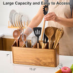 Wooden Utensil Holder for Kitchen Counter, Acacia Wood Kitchen Utensil Holder for Countertop with 4 Compartment, Cooking Utensil Organizer, Silverware Caddy (Acacia Wood, 4Compartment)