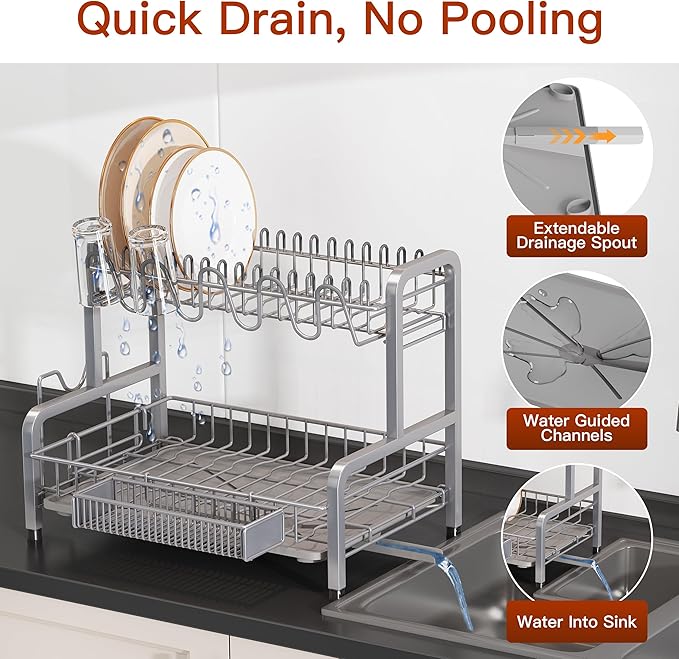 2 Tier Dish Drainers Drying Rack for Kitchen Counter Large Stainless Steel Dishes Drain with Drainboard, Space Saving, Big Modern Silver Countertop Metal Plates Dryer Strainer Holder and Extra Tray