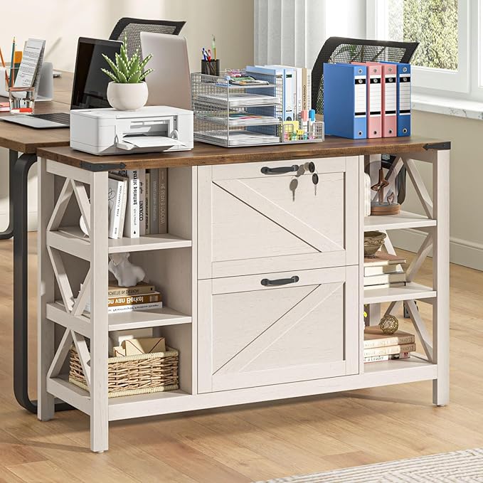 44" Lateral File Cabinet with Adjustable Shelves, Farmhouse 2 Drawer Filing Cabinet with Lock for Legal/A4/Letter, Wooden Printer Stand Office Furniture Storage Cabinets for Home Office, Rustic White