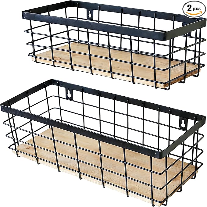 Metal Wire Basket Detachable Wood Base Storage Organizer Farmhouse Hanging Basket for Kitchen Cabinets, Bathroom, Pantry, Laundry Room Set of 2,Black Color