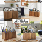 Large Kitchen Utensil Holder for Countertop – Acacia Wood Utensil Organizer with 3 Compartments, Beveled Edges Design, Non-Slip Silicone Pads & Drain Hole – Rustic Farmhouse Utensil Caddy Crock