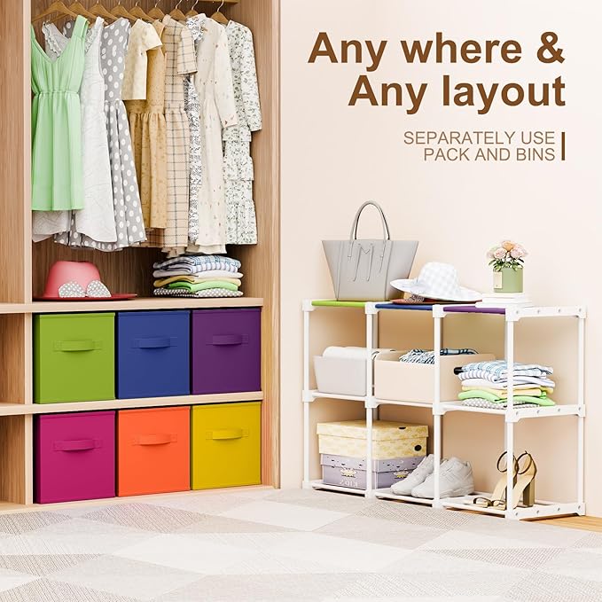 6 Cube Storage Organizer with Shelf Back to School Boxes 11 Inch Toy Storage Bins Closet Organizers Drawers Fabric Dresser for Playroom Books Bedroom Dorm Kitchen (Multicolor)