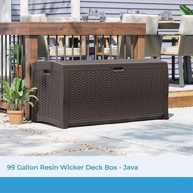 Suncast DBW9200 99 Gallon Outdoor Wicker resin Patio Storage Chest Bin with Handles for Patio, Garden, Garage, or Pool for All Weather, Mocha