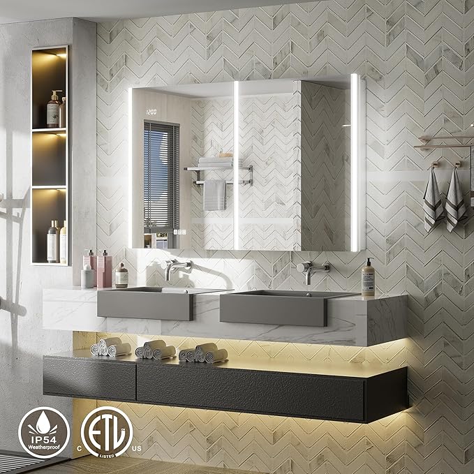 48x30 Lighted Medicine Cabinet Mirror with Lights & Smart Night Lamp -Surface or Recessed Medicine Cabinet Mirror with Outlet & Clock,Fogless Dimmable LED Storage Mirror,Built-in Sensor Light