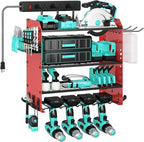 4 Layer Heavy Duty Power Tool Organizer Wall Mount with Charging Station, Adjustable Metal Storage Rack, 6 Outlets Power Strip, Drill Holders, Hooks & Drill Bit Rack for Garage, Workshop, Red