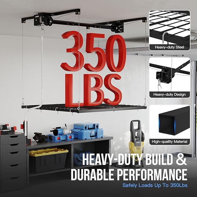 Overhead Garage Storage Rack Lift, 4x4 ft Ceiling Mounted Storage Racks, 79" Max Adjustable Height, 350lbs Weight Capacity, Heavy-Duty Metal Ceiling Rack for Organization