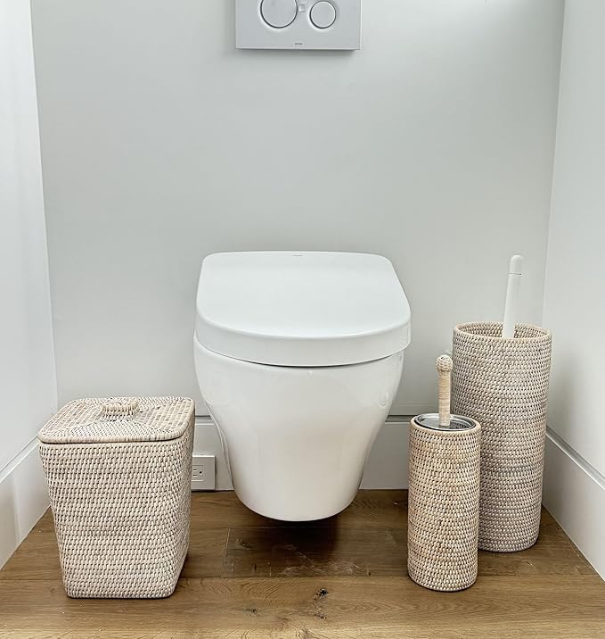 KOUBOO La Jolla Hand Woven Rattan Toilet Roll Stand, Holds 3 Toilet Rolls, Handwoven Rattan Toilet Roll Stand, 17.145 x 17.145 x 52.07 cm, White Wash