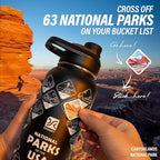 National Parks Water Bottle – 40 oz Insulated Stainless Steel Bottle with 63 Hand-Drawn Park Stickers, Carrier Bag, Strap & Gift Box – BPA-Free – Ideal for Hiking, Camping & Travel