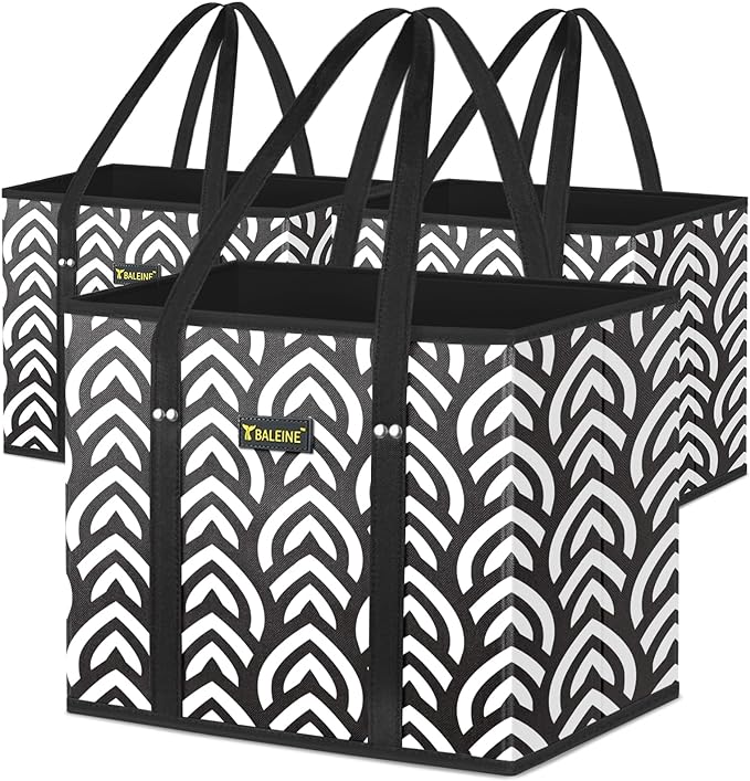 BALEINE 3Pk Reusable Grocery Bags, Foldable Shopping Bags for Groceries with Reinforced Bottom & Handles (Honeysuckle)