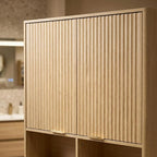 31''W Over The Toilet Storage Cabinet with Fluted Door, Oak Bathroom Organizer with Adjustable Shelf, 67''H Tall Natural Toilet Paper Holder Stand Wave Door for Restroom, Laundry Room