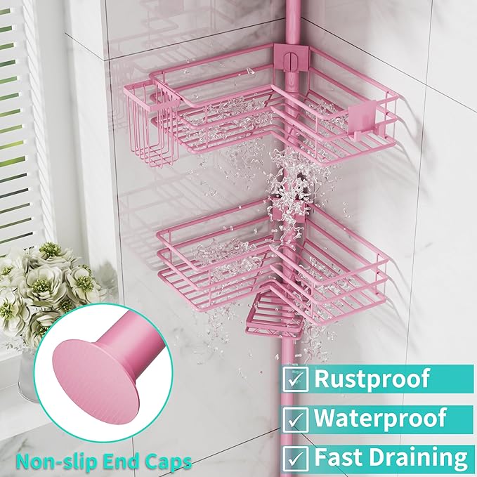 HapiRm Corner Shower Caddy Organizer - Shower Organizer Corner with Soap Holder, Toothbrush Holder and 4 Hooks, Rustproof Bathroom Shelf Tension Pole Available for 27.6 to 108.3 Inch - Pink