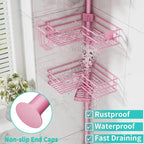 HapiRm Corner Shower Caddy Organizer - Shower Organizer Corner with Soap Holder, Toothbrush Holder and 4 Hooks, Rustproof Bathroom Shelf Tension Pole Available for 27.6 to 108.3 Inch - Pink