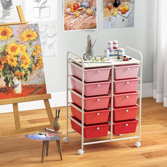 RELAX4LIFE Rolling Storage Cart with 10 Drawers - Craft Storage Cart with Lockable Wheels,Utility Cart, Art Cart Organizer for Crafting Storage, Studio, Office, Home, School Rolling Drawer Cart