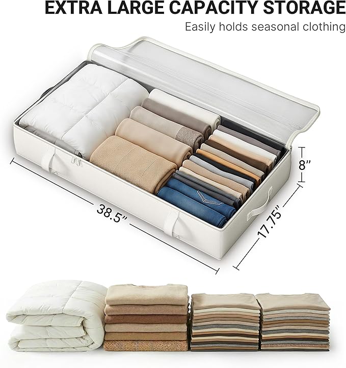 2-Pack Under Bed Storage Containers, 8 Inches Tall Underbed Clothes Storage Organizer Bin with Sturdy Sidewalls/Bottom, Under the Bed Storage Bags 2 Storage Bins, Beige