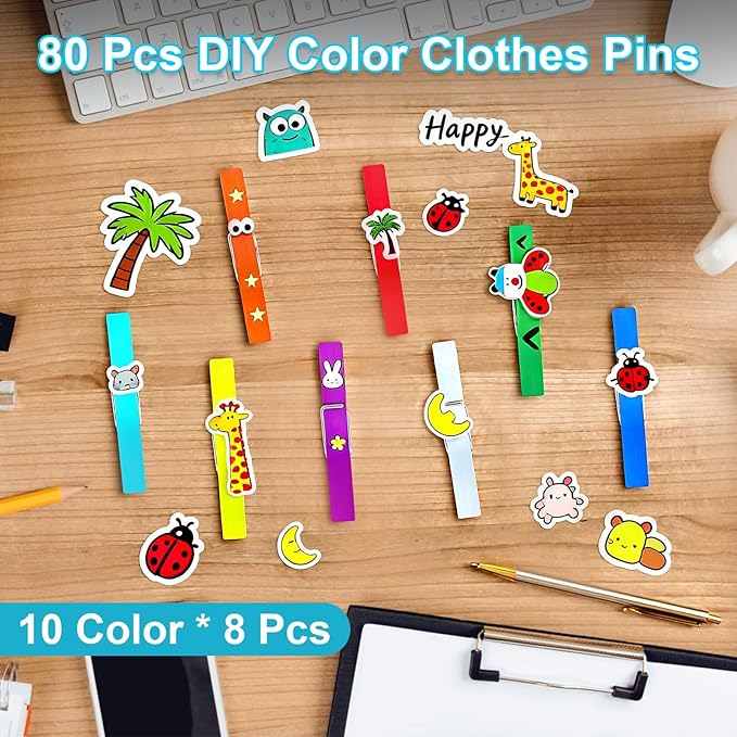 80 Pcs Wooden Colored Clothespins - 2.9 Inch Colorful Decorative Clothespins for Photo Walls, Classroom Teaching & DIY Crafts, 10 Colors 8 Pcs Each