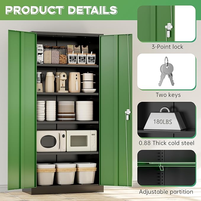 INTERGREAT Metal Storage Cabinet with Lock, 72" Steel Lockable Storage Cabinets with Locking Doors and Adjustable Shelves, Locking Tool Cabinets for Office, Home, Garage, Gym, School (Black Green)
