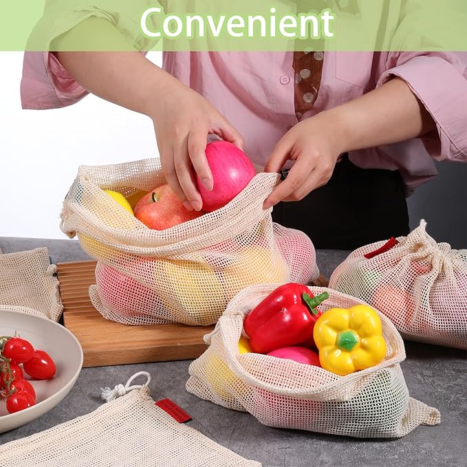 5 Pack Mesh Produce Bags, Reusable Produce Storage Bags Washable Eco Friendly Lightweight Storage Produces Bag Durable Double Stitched with Drawstring Reusable Food Storages Bag for Fruit Vegetable