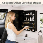 Medicine Cabinet 20x30 Inch, Aluminum Bathroom Mirror Cabinet with Storage, Recessed or Surface Mount, Black Vanity Storage Unit with 3 Anti-Tip Adjustable Acrylic Shelves, Soft Close Hinge