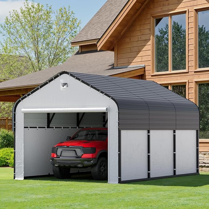 10x16 Metal Carport, Heavy Duty 2-Car Carport Canopy, CarPorts with Removable Polyethylene Sidewalls, Galvanized Steel Roof Car Tent Garage