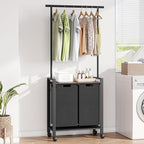 Laundry Basket With Wheels, Wood Shelf, Laundry Sorter With Retractable Hanging Bar, Laundry Hamper 2 Section, 2 × 13 Gal (49.2 L), Rolling Laundry Hamper With Hanging Rack For Laundry Room