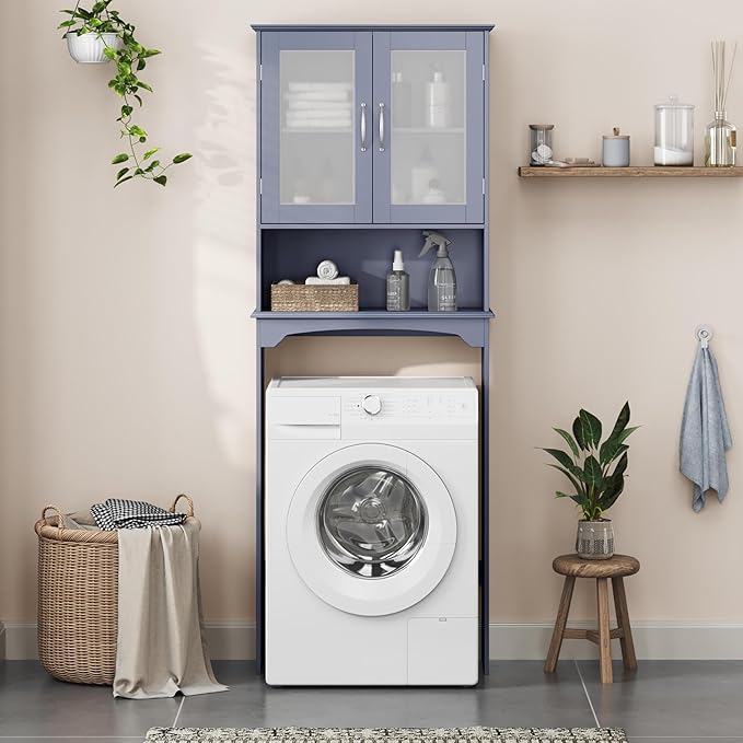 Yaheetech Over The Toilet Storage Cabinet, Free Standing Toilet Rack with Adjustable Shelves and Tempered Glass Doors for Bathroom Washroom, Grey