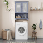 Yaheetech Over The Toilet Storage Cabinet, Free Standing Toilet Rack with Adjustable Shelves and Tempered Glass Doors for Bathroom Washroom, Grey