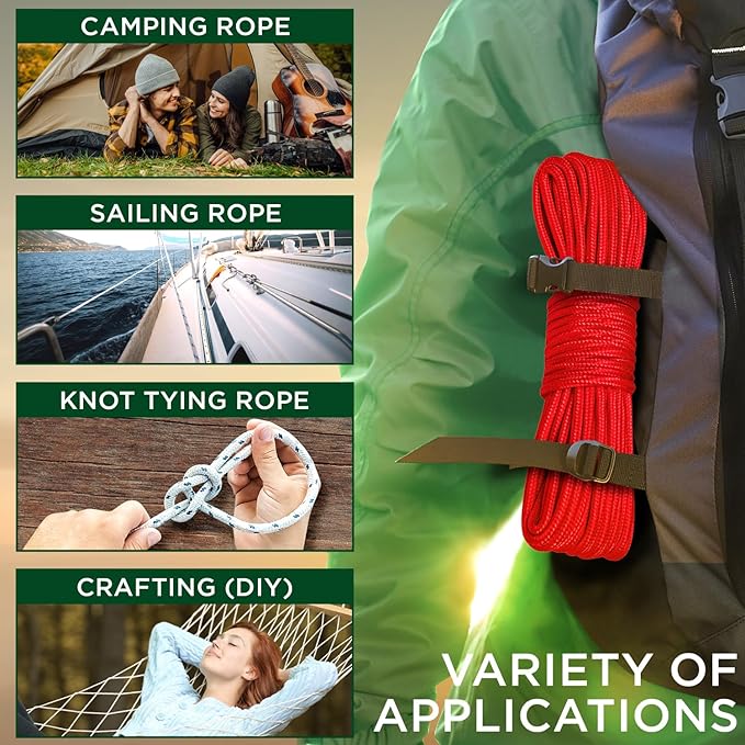 TECEUM Rope – 150 Feet x 1/4 Inch (7mm) – Red – Strong All-Purpose Utility Rope – Camping, Crafting, Flag Pole, Indoor & Outdoor – Polypropylene Nylon Poly Lightweight Diamond Braided Cord