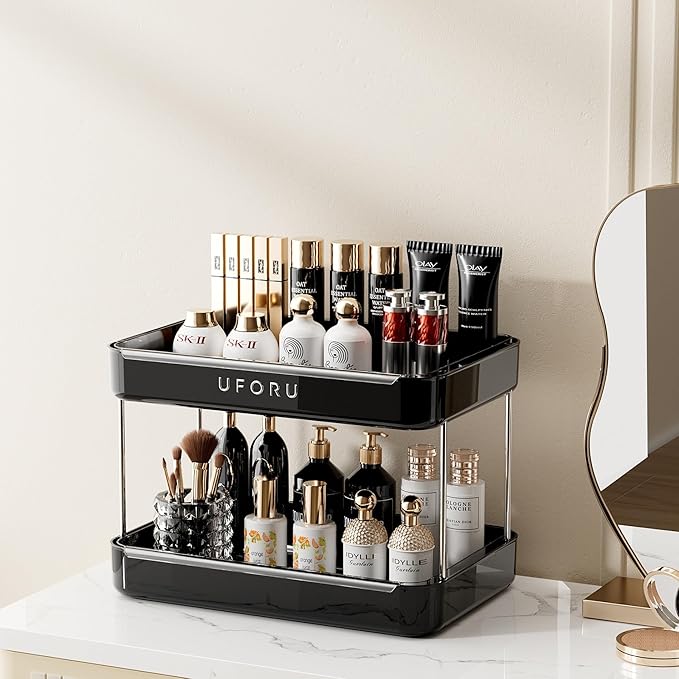 Countertop Coffee Station Organizer, 2 Tier Wine Glass Holder, Mug Display Shelf with Removable Drain Tray, Spice & condiment Rack for Kitchen, Bathroom Countertop Organizer, Black