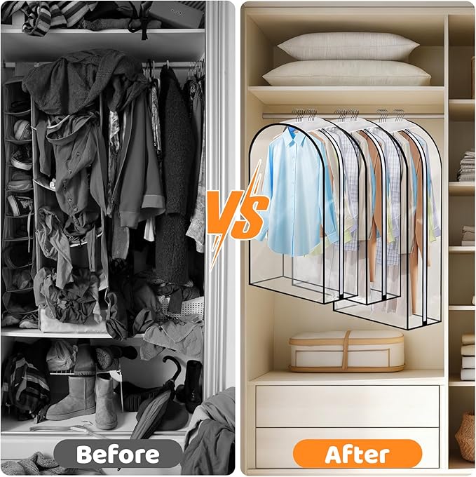 4 Pack Full Clear Garment Bags with Side Zipper, 40&50" Clothes Covers with 10" Gusset, Transparent Hanging Suit & Coat Covers for Closet Storage, Jackets, Dresses, Windbreakers