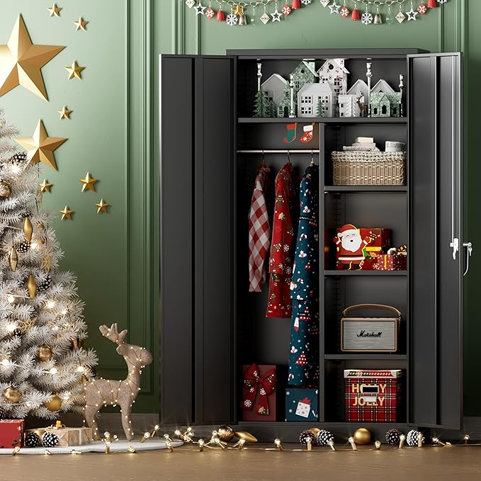 INTERGREAT Metal Wardrobe Closet, 72" Black Locking Storage Wardrobe Cabinet with Locking Doors and Adjustable Shelves, 18" D x 36" W Tall Steel Clothes Storage for Office, Home, School, Gym