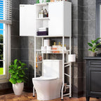 Over-The-Toilet Storage Rack, 4-Tier Bathroom Organizer Shelf Over Toilet with Barn Doors Cabinet and Basket, Freestanding Space Saver Wooden Bathroom Shelves with Paper Holder Above Toilet (White)