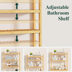 Smiry Over The Toilet Storage Cabinet, 4-Tier Bamboo Bathroom Organizers with Adjustable Shelf & 4 Hooks, Space Saving Shelf Rack for Bathrooms, Laundry Room, Balcony, Natural
