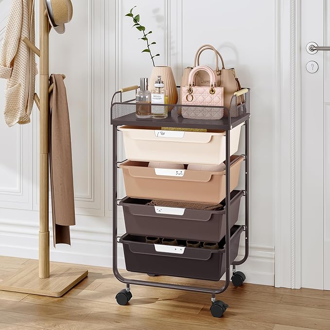 Rolling Cart with 4 Drawers,4 Tiers Rolling Utility Cart Craft Cart,Rolling Storage Drawer Cart with Mesh Top,Storage Cart with Drawers & 4 PCS DIY Lable, Brown