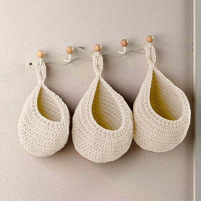 Hanging Storage Baskets Boho Decor Set of 3, Handmade Cotton Rope Wall-Mounted Fruit & Vegetable Baskets, Decorative Hanging Organizers for Kitchen, Entryway, Bathroom & Bedroom
